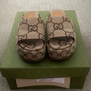 Gucci Brown GG Canvas Platform Slides
